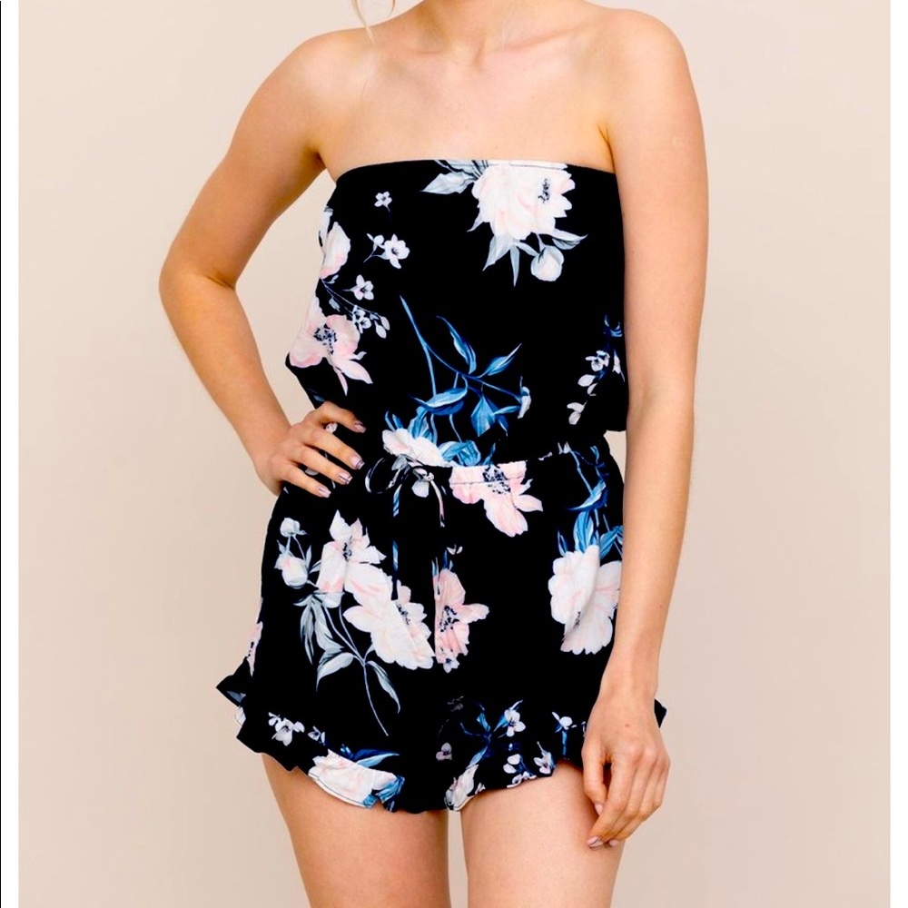 Yumi Kim Black Strapless Floral Romper with Pink & Blue Blooms
